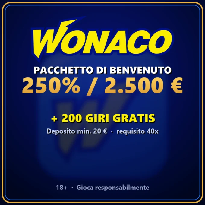 Pacchetto di benvenuto Wonaco 250% fino a 2.500 euro con 200 giri gratis