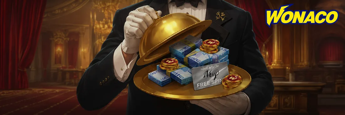 Maggiordomo che serve un vassoio dorato con fiches, banconote e una carta VIP free spins
