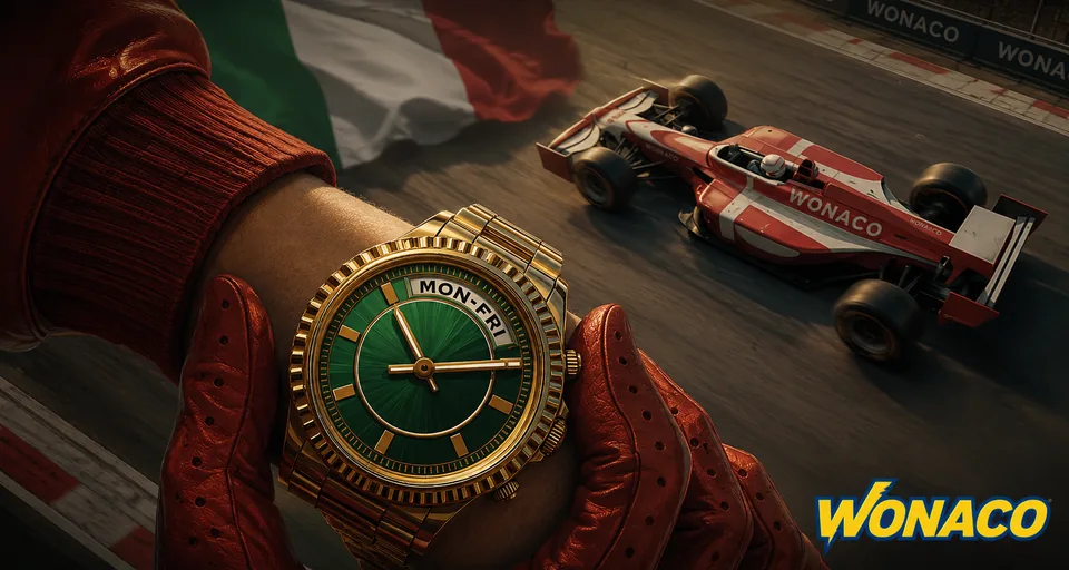Orologio dorato con quadrante verde e monoposto rossa in pista, bandiera italiana sullo sfondo