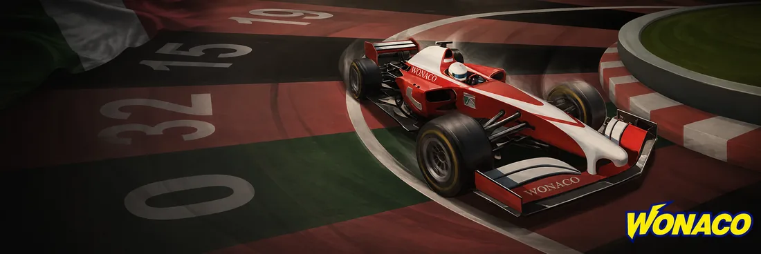 Monoposto rossa Wonaco che corre su una pista disegnata come un tavolo da roulette