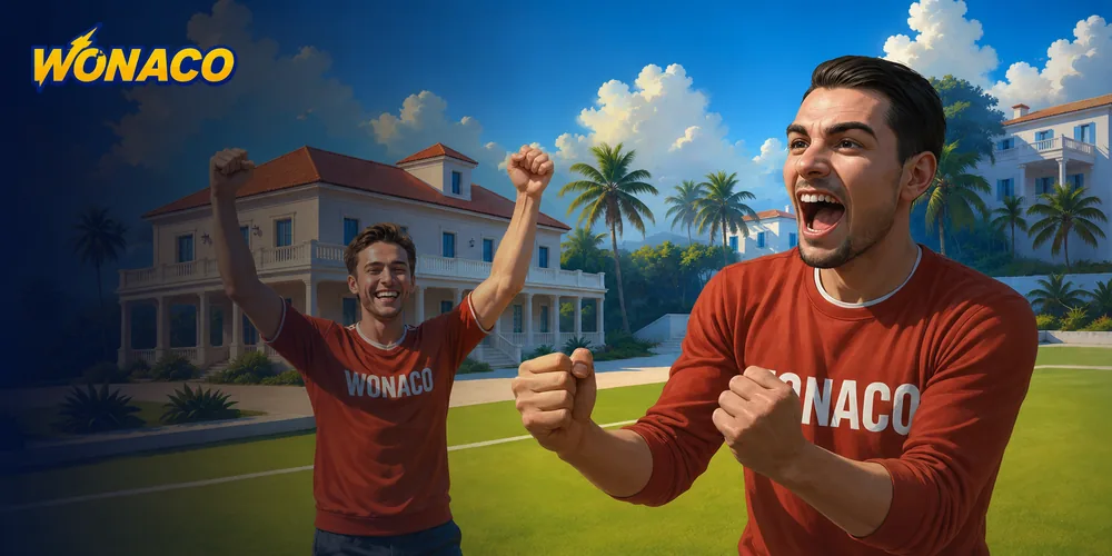 Due tifosi con la maglia Wonaco esultano davanti a una villa