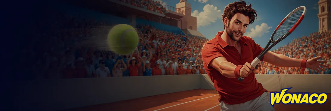 Tennista in maglia rossa colpisce di rovescio in un torneo su terra battuta