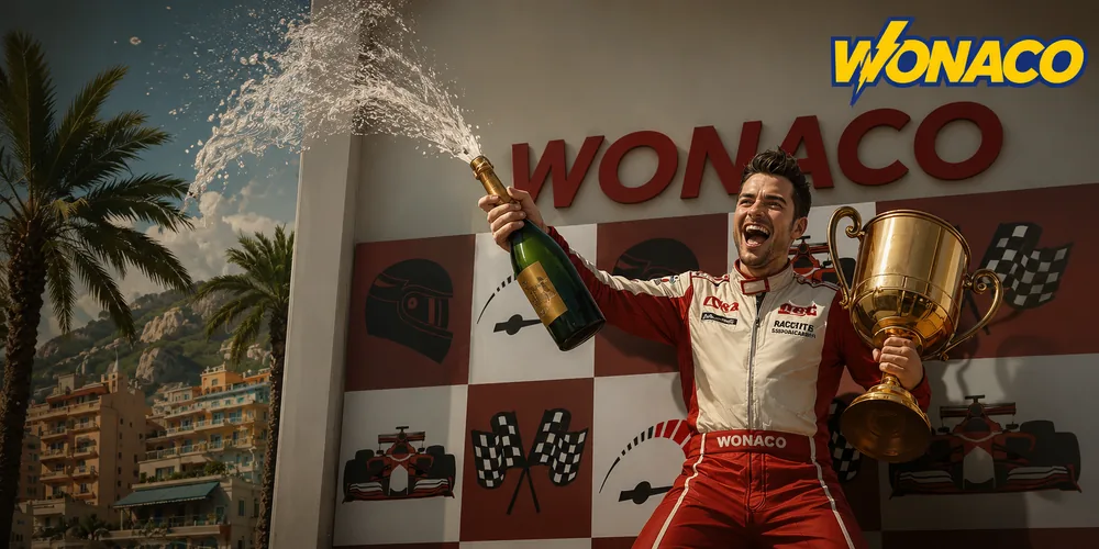 Pilota festeggia sul podio con coppa e champagne davanti al muro Wonaco